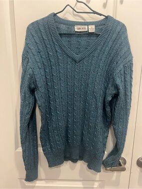 Women's Teal Cable Knit V-Neck Sweater